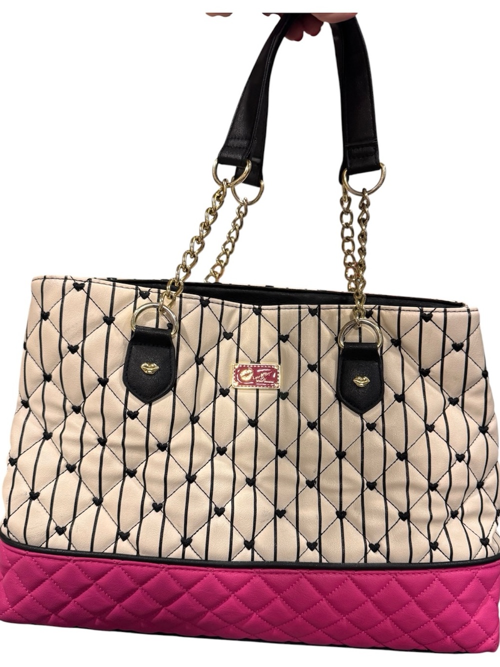 Betsey Johnson Women's Quilted Two-Tone Tote Bag - Pink, Cream, Black; EUC
